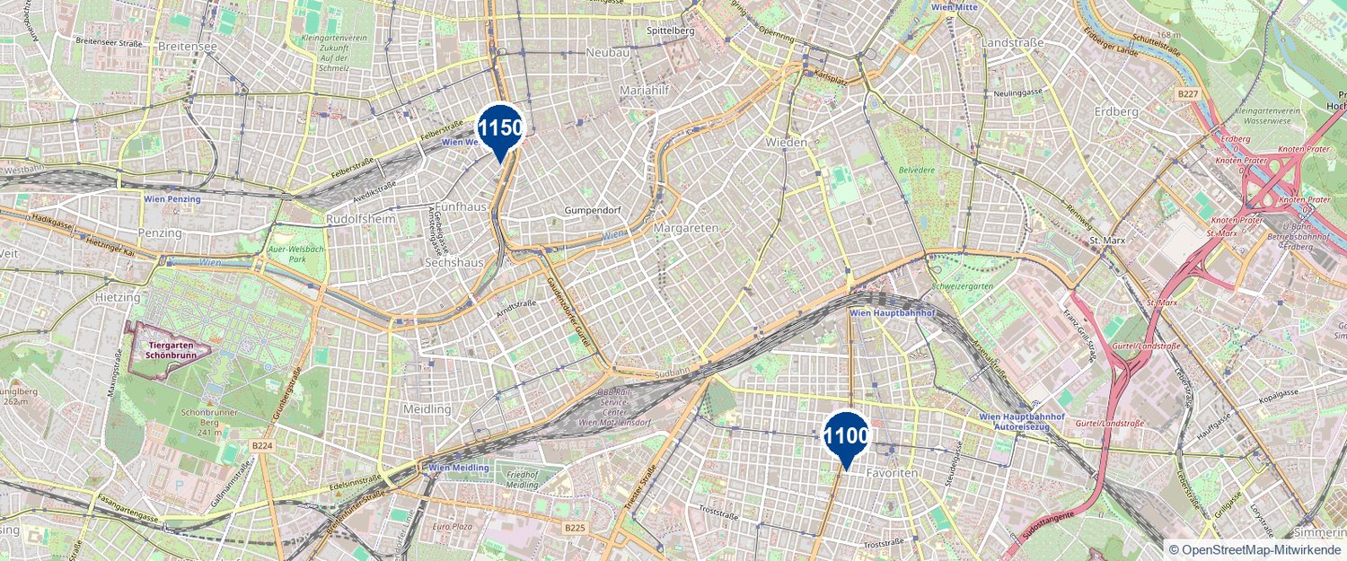 Karte von Wien mit beiden Željo-Standorten: Quellenplatz 1100 und Wien West 1150